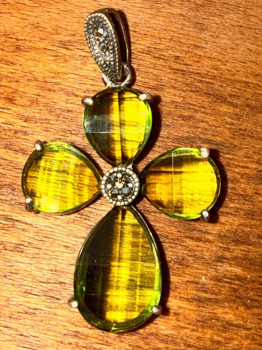 Vintage Sterling Silver Peridot & Marcasite Cross Pendant - 1.67 inch